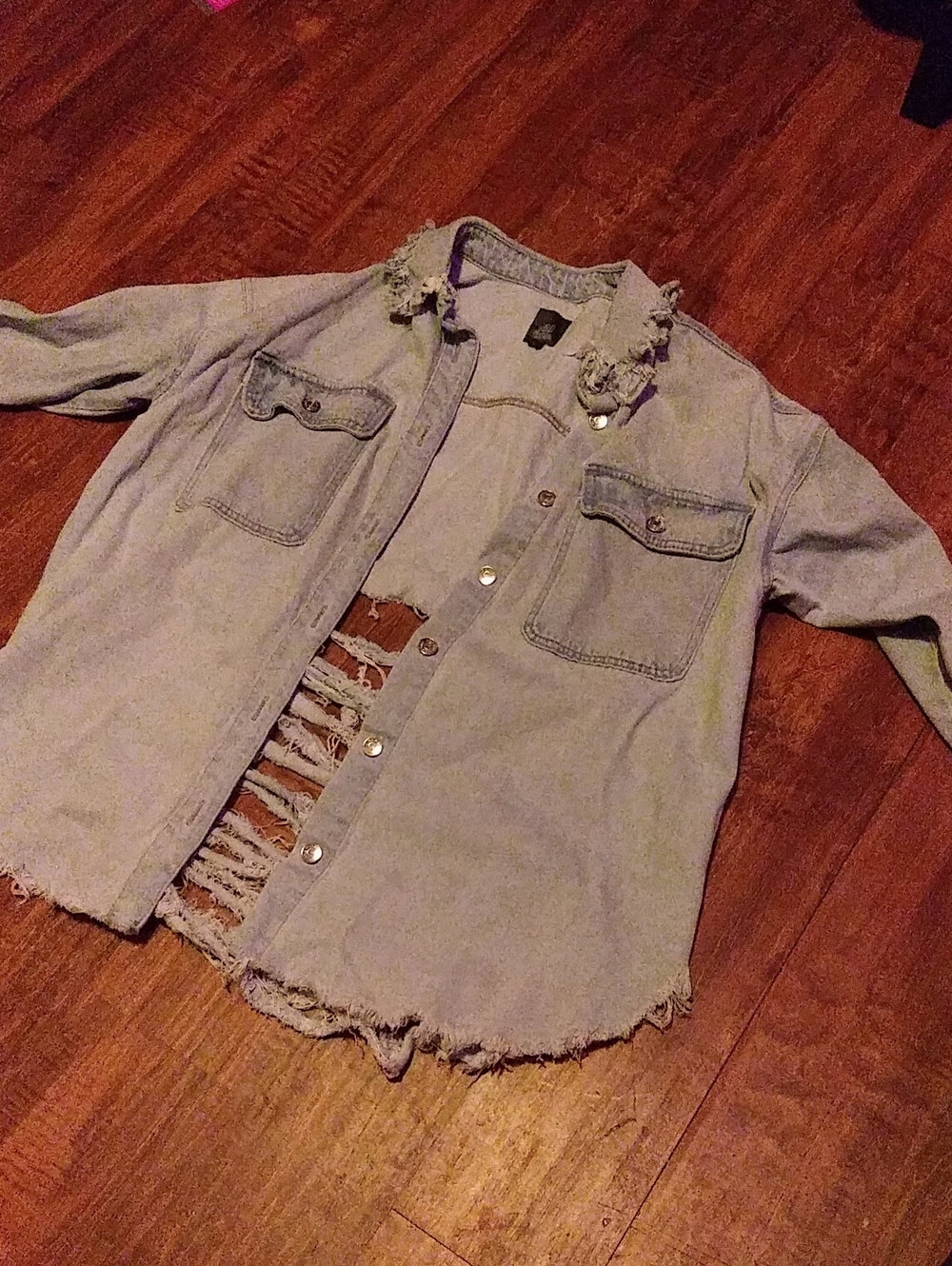 Light Blue Distressed Denim Shacket - Women